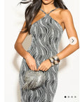 High-neck sleeveless metallic-knit with pattern print maxi dress in Sliver