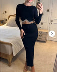 Scalloped shape knit top with diamonded chain embellish and midi skirt co-ords in black
