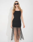 Long fringed tassel detail hem bodycon knit dress in black