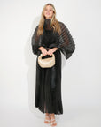 Pleated long dress with organza pleated cape sleeves in black