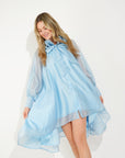 Ruffle Tie Neck Oversized Midi Dress In Blue