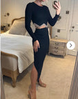 Scalloped shape knit top with diamonded chain embellish and midi skirt co-ords in black
