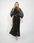 Pleated long dress with organza pleated cape sleeves in black