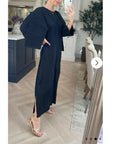 Full Length Pleated maxi dress with cap sleeves in black