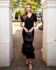 Full Pleated Ruffle Hem Maxi Dress in Black