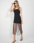 Long fringed tassel detail hem bodycon knit dress in black