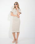 Knitted maxi dress with polo neck in Short Sleeves Beige colour