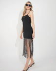 Long fringed tassel detail hem bodycon knit dress in black