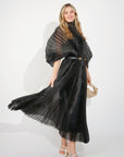 Pleated long dress with organza pleated cape sleeves in black