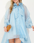 Ruffle Tie Neck Oversized Midi Dress In Blue