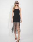 Long fringed tassel detail hem bodycon knit dress in black