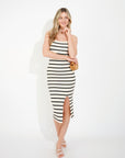 Knitted Stripe Print With Straps Design Midi Bodycon Dress