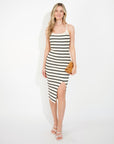 Knitted Stripe Print With Straps Design Midi Bodycon Dress