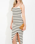 Knitted Stripe Print With Straps Design Midi Bodycon Dress