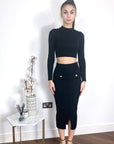 Long sleeves top with buttons design and midi skirt co-ords suits in black