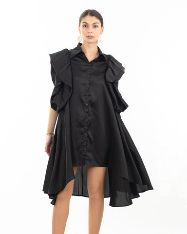 Oversized Ruffle Sleeves shirt dress in black