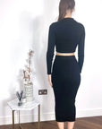 Long sleeves top with buttons design and midi skirt co-ords suits in black