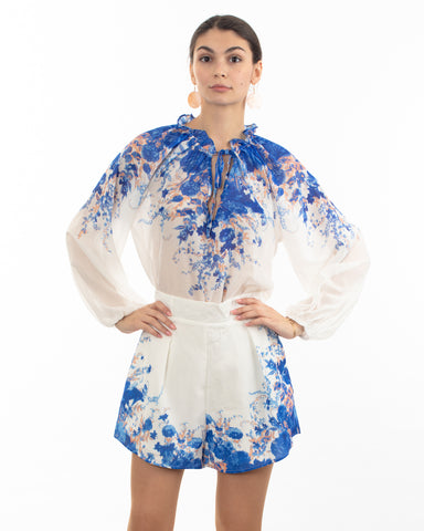 Floral print cotton blend linen shirt and shorts co-ords suits in Blue