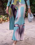Floral Print Full Pleated Printed Top And Midi Skirt In Blue