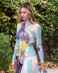 Floral Print Full Pleated Printed Top And Midi Skirt In Blue