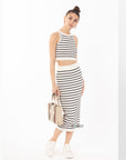 Stripe print sleeveless top and midi skirt co-ords suits in white