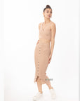 Wrap deigned sleeveless vest top and midi skirt co-ords suits in beige