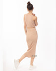 Wrap deigned sleeveless vest top and midi skirt co-ords suits in beige