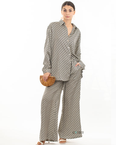 Black and White Letter D Houndstooth Print Shirt and Trousers Co-ords in black