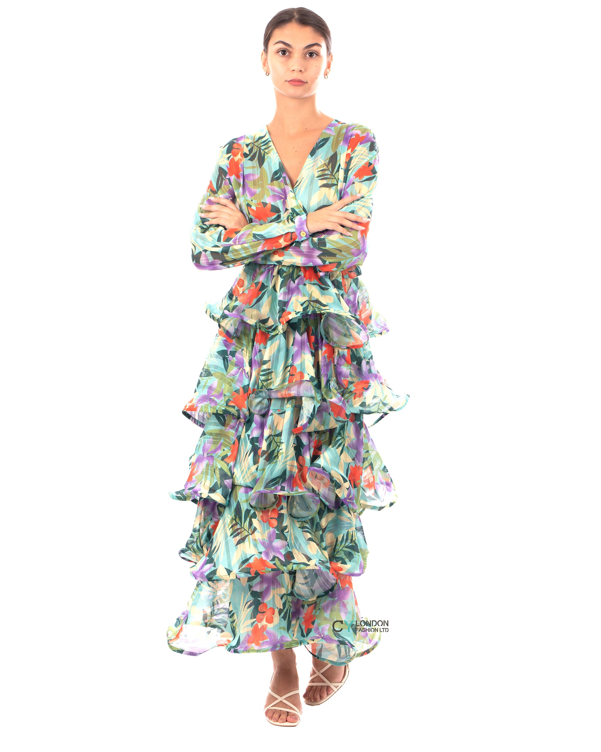 Floral Print Ruffl Multi Layer Hem design Maxi Dress in Blue