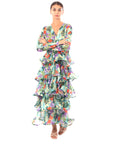 Floral Print Ruffl Multi Layer Hem design Maxi Dress in Blue