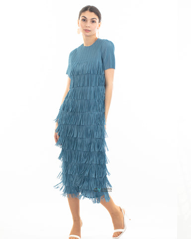 Pleated Midi dress with multi layer fringed tassel design in blue