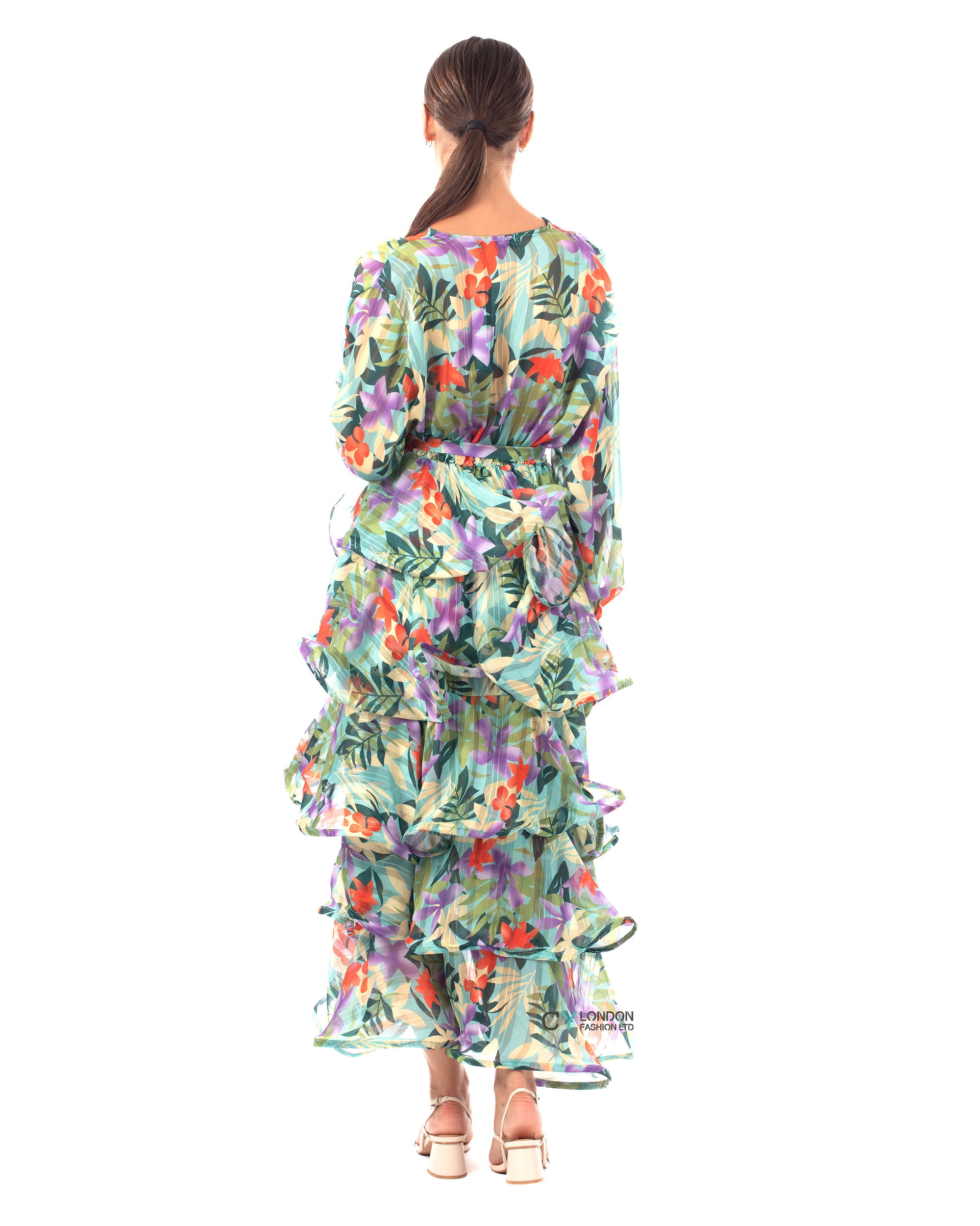Floral Print Ruffl Multi Layer Hem design Maxi Dress in Blue