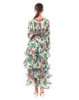 Floral Print Ruffl Multi Layer Hem design Maxi Dress in Blue