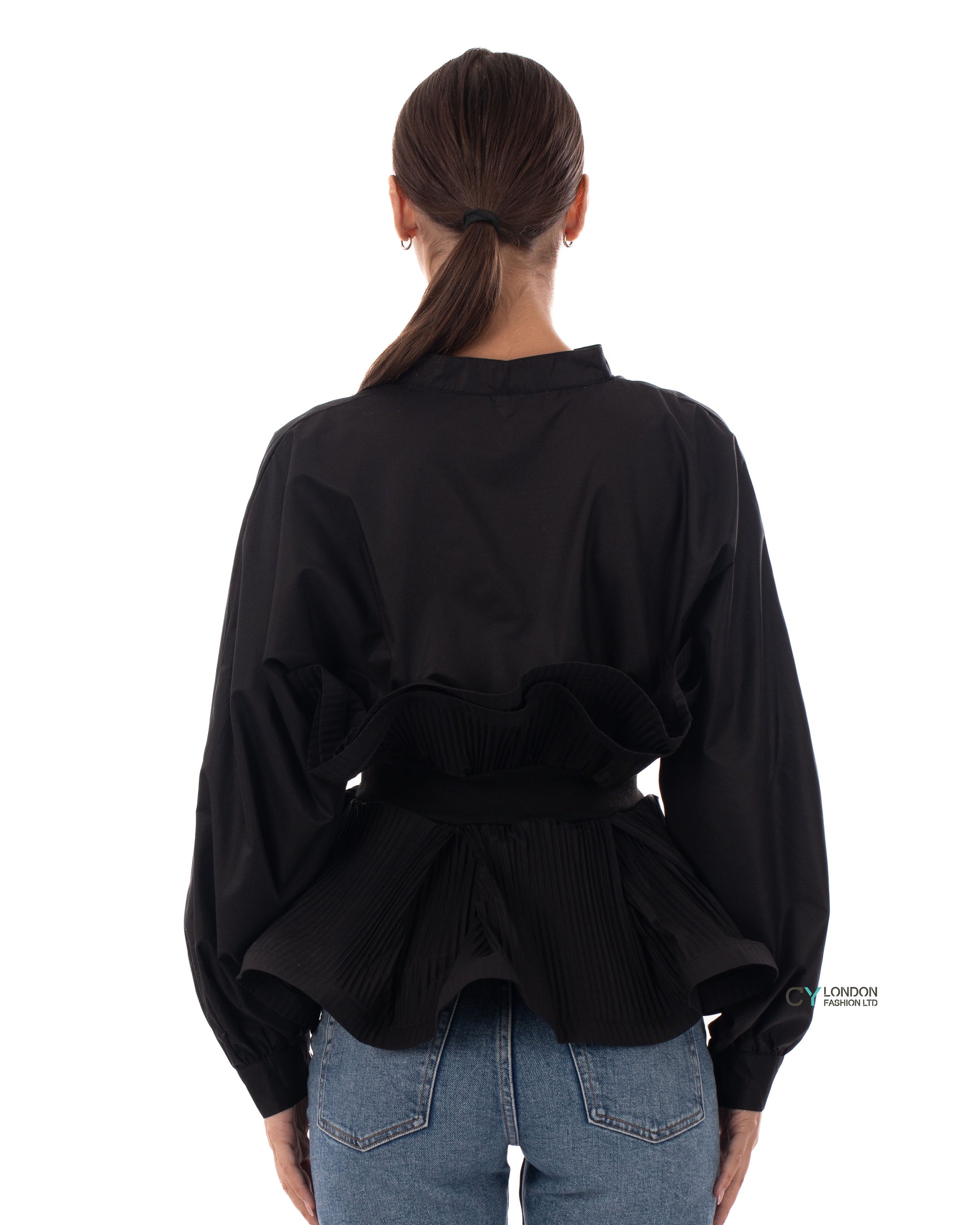 Ruffle design around chest and hem cotton shirt in Black