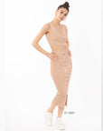 Wrap deigned sleeveless vest top and midi skirt co-ords suits in beige