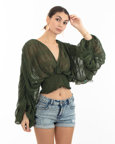 Elaticated body and sleeves oversized top in Khaki Green