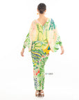 Leaves and Floral Scarf Pirnt Pleated Dress in Kimono sleeves in green