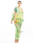 Leaves and Floral Scarf Pirnt Pleated Dress in Kimono sleeves in green
