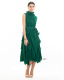 Pleated Midi dress with frilled layer and scallopd neckline design in Green