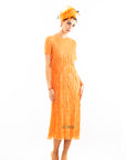 Pleated Midi dress with multi layer fringed tassel design in Orange