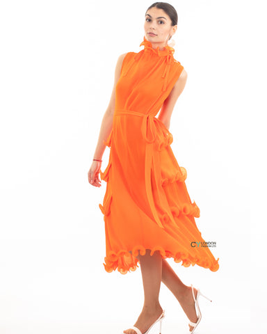 Pleated Midi dress with frilled layer and scallopd neckline design in Orange