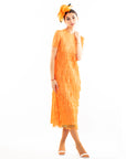 Pleated Midi dress with multi layer fringed tassel design in Orange