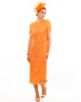 Pleated Midi dress with multi layer fringed tassel design in Orange