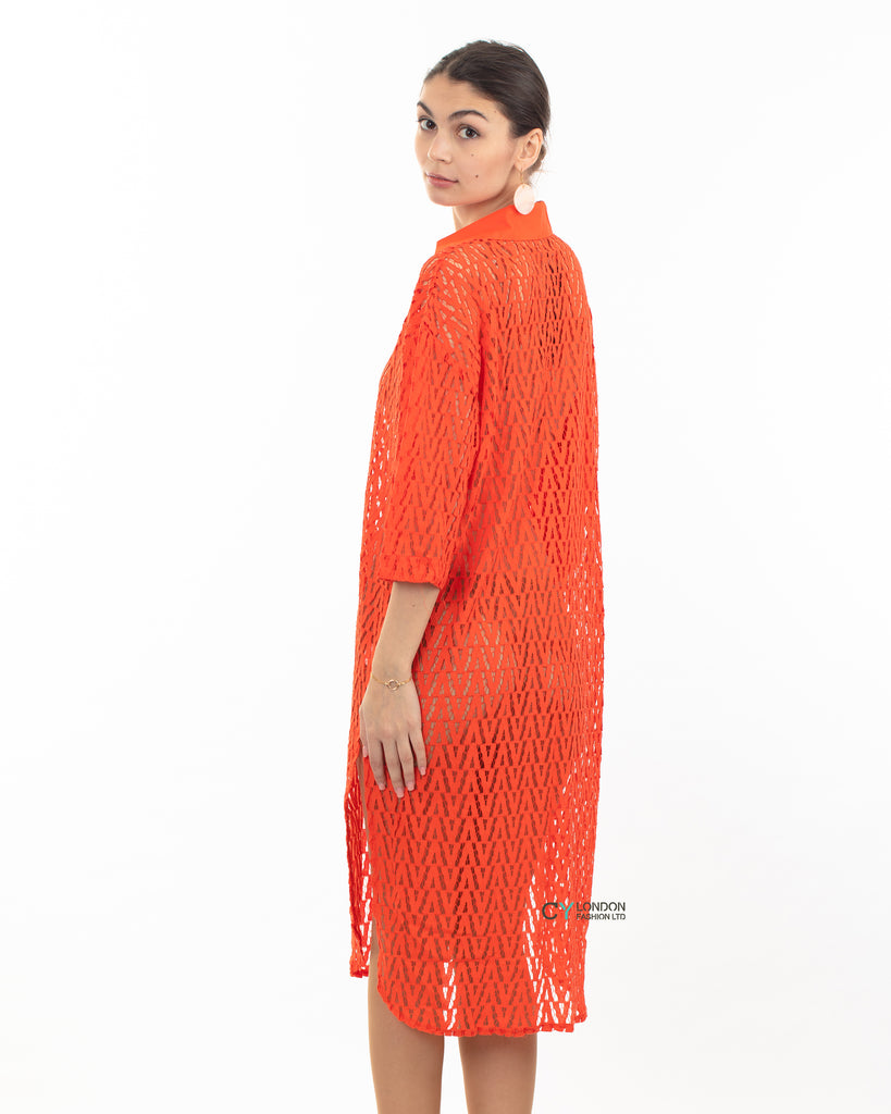 V pattern Lace kaftan dress in Orange Holiday wear collection in Orange