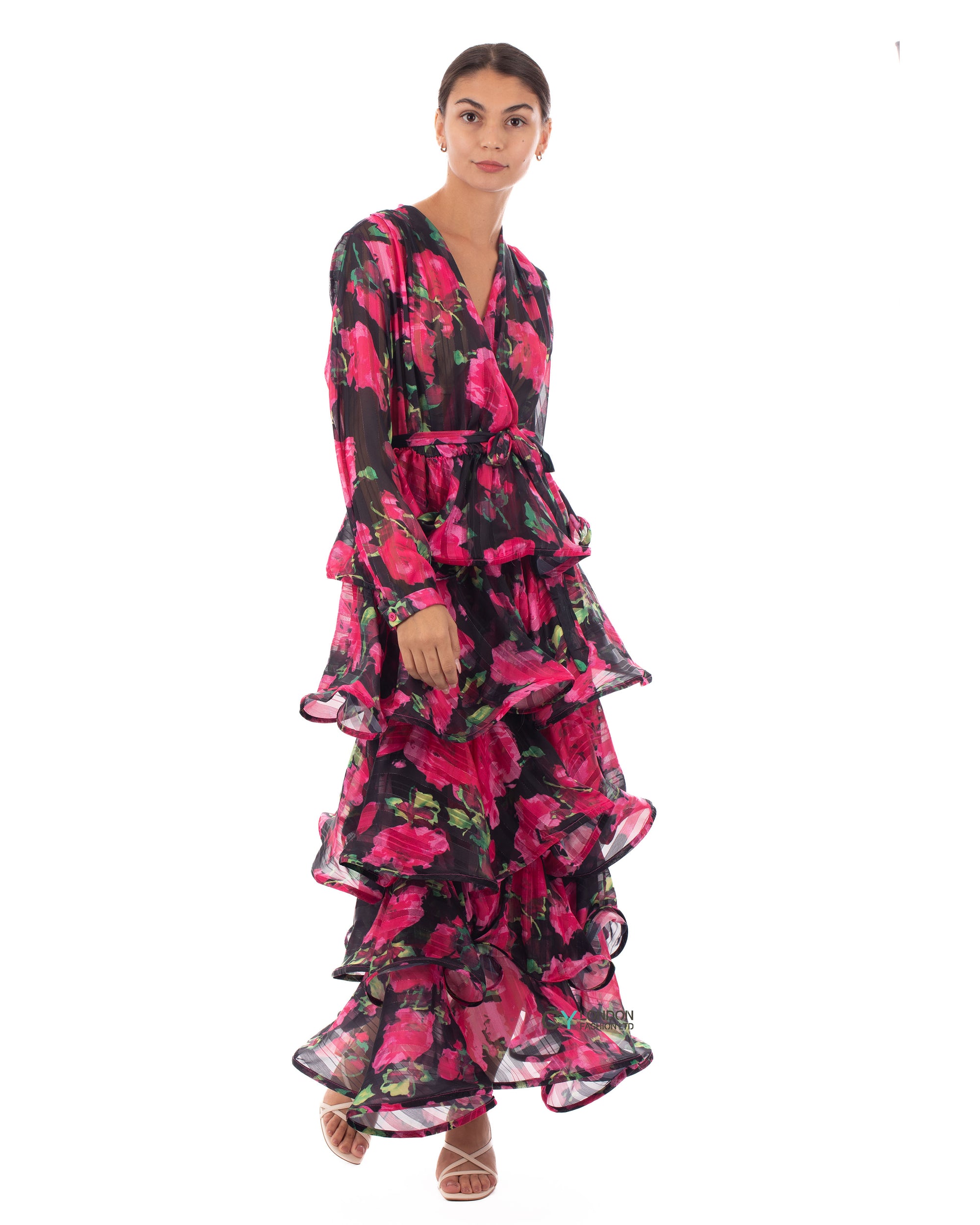 Floral Print Ruffl Multi Layer Hem design Maxi Dress in Pink