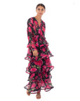 Floral Print Ruffl Multi Layer Hem design Maxi Dress in Pink
