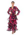Floral Print Ruffl Multi Layer Hem design Maxi Dress in Pink