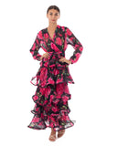 Floral Print Ruffl Multi Layer Hem design Maxi Dress in Pink