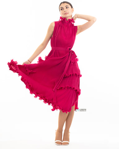 Pleated Midi dress with frilled layer and scallopd neckline design in Pink