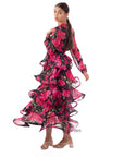 Floral Print Ruffl Multi Layer Hem design Maxi Dress in Pink
